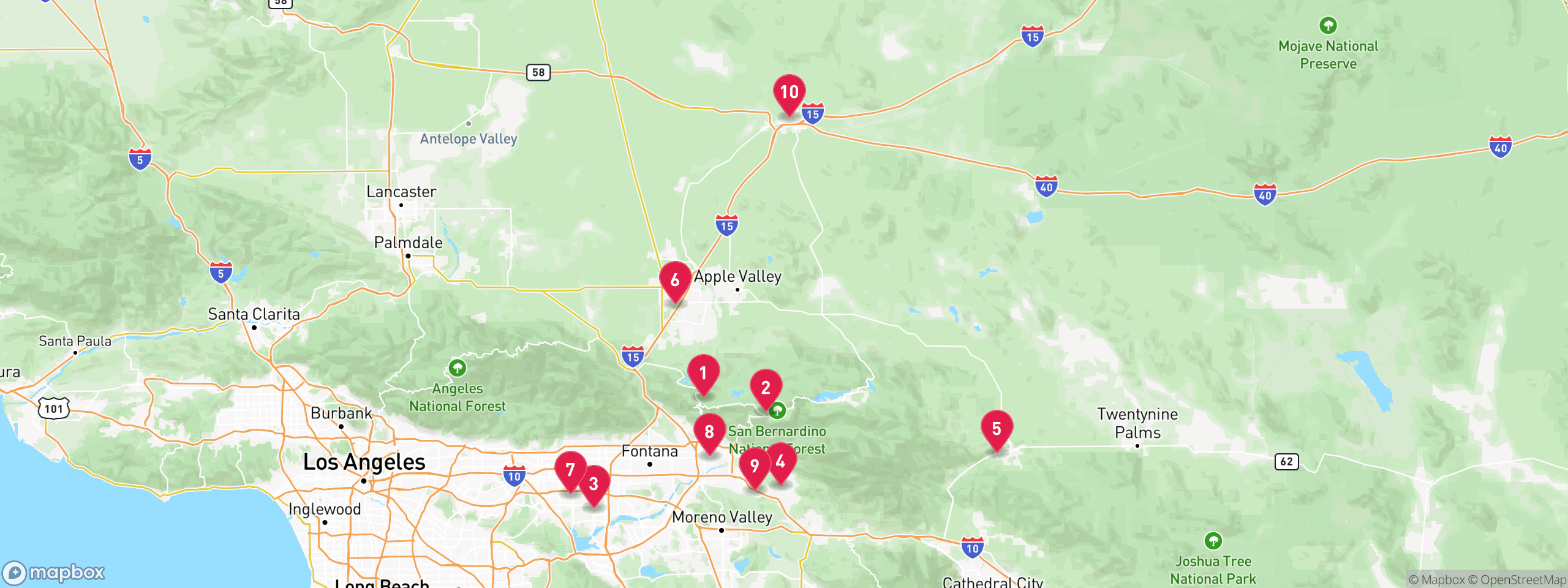 Map of 10 sample pre-foreclosure properties in San Bernardino County, numbered to match the table