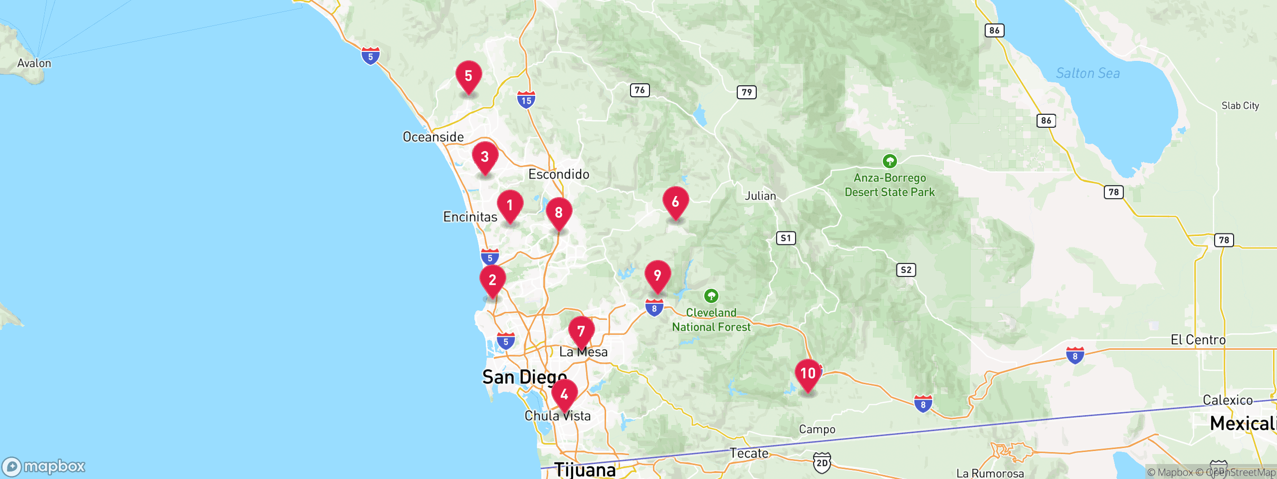Map of 10 sample pre-foreclosure properties in San Diego County, numbered to match the table