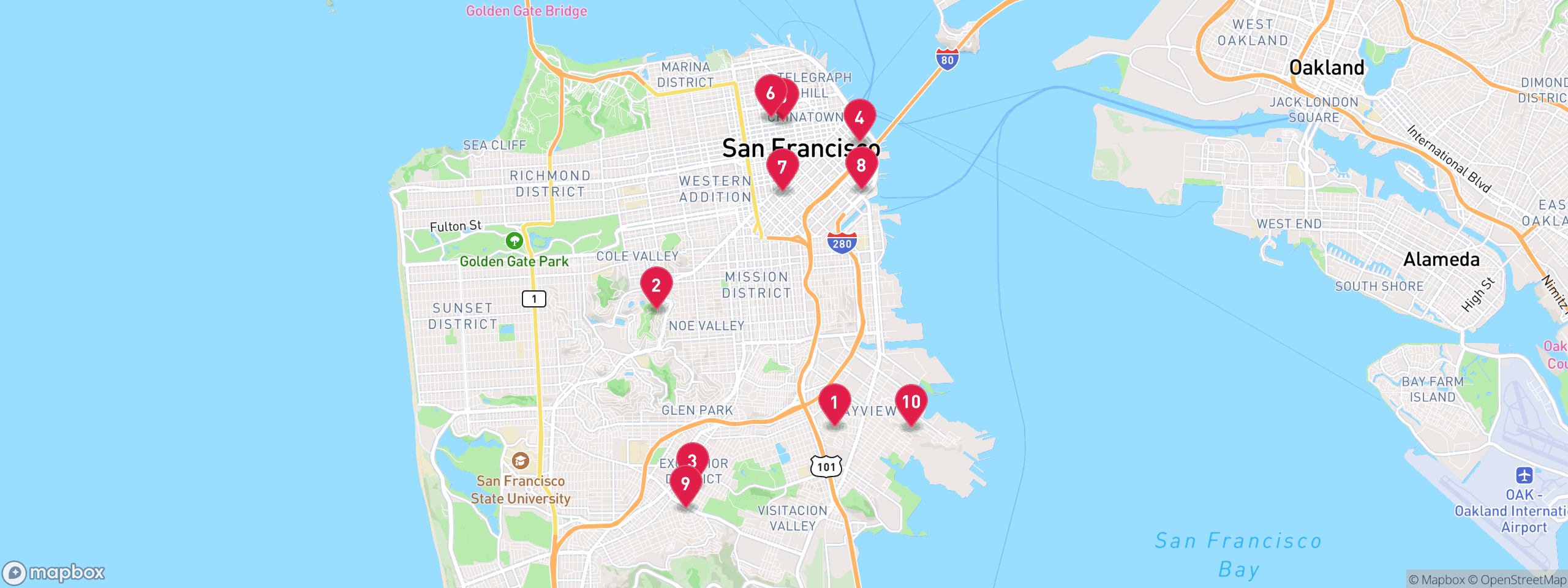 Map of 10 sample pre-foreclosure properties in San Francisco County, numbered to match the table