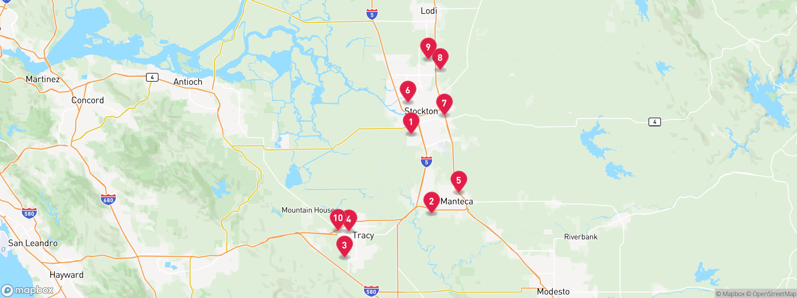 Map of 10 sample pre-foreclosure properties in San Joaquin County, numbered to match the table