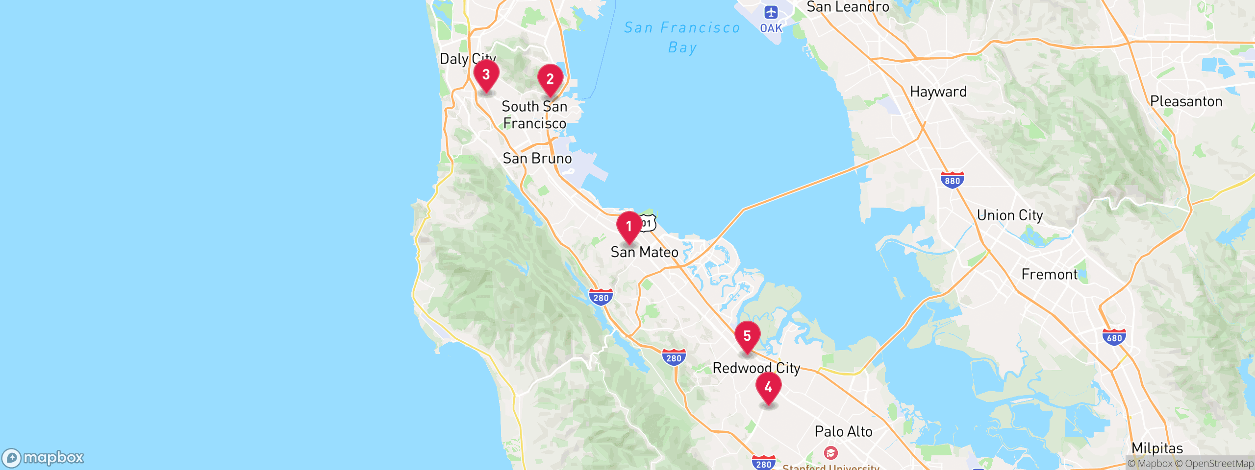 Map of 5 sample pre-foreclosure properties in San Mateo County, numbered to match the table