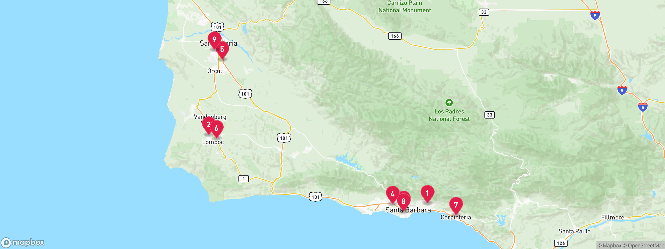 Map of 9 sample pre-foreclosure properties in Santa Barbara County, numbered to match the table