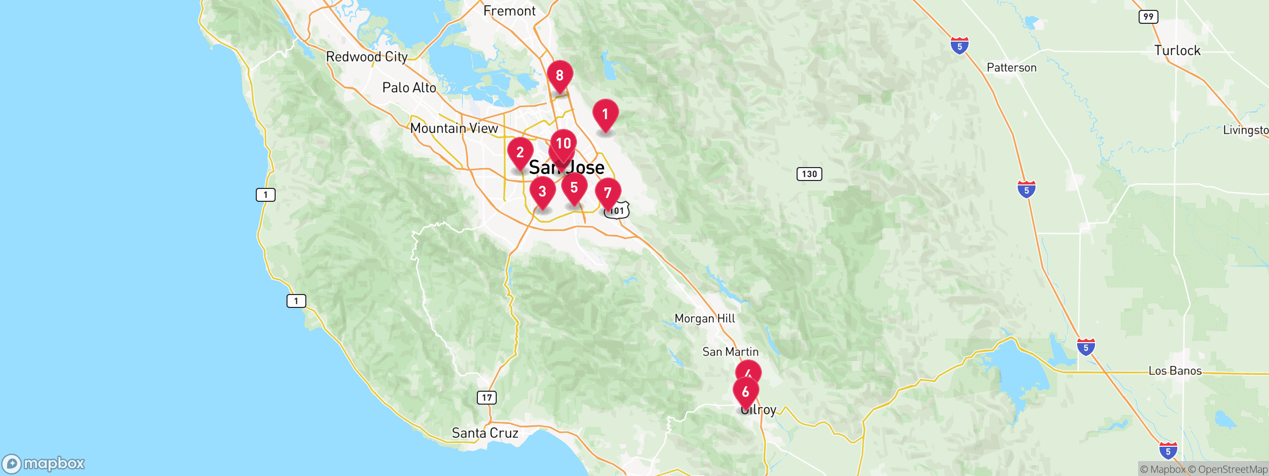 Map of 10 sample pre-foreclosure properties in Santa Clara County, numbered to match the table