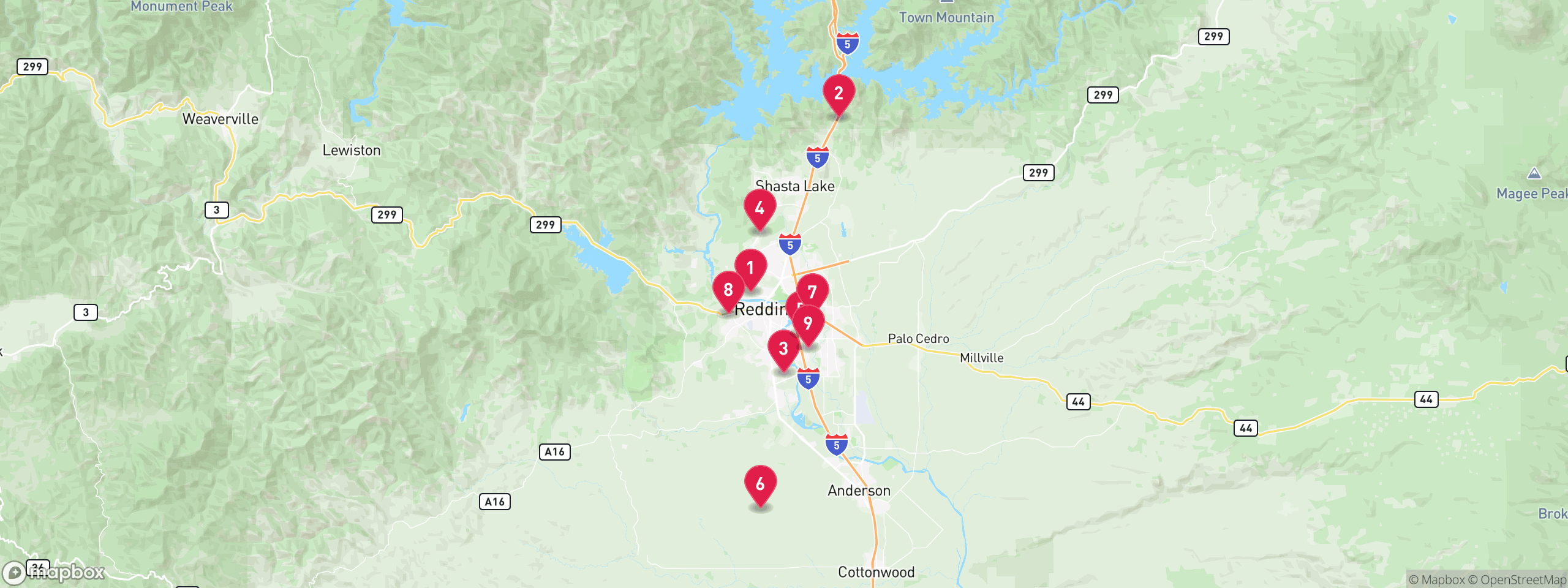 Map of 9 sample pre-foreclosure properties in Shasta County, numbered to match the table