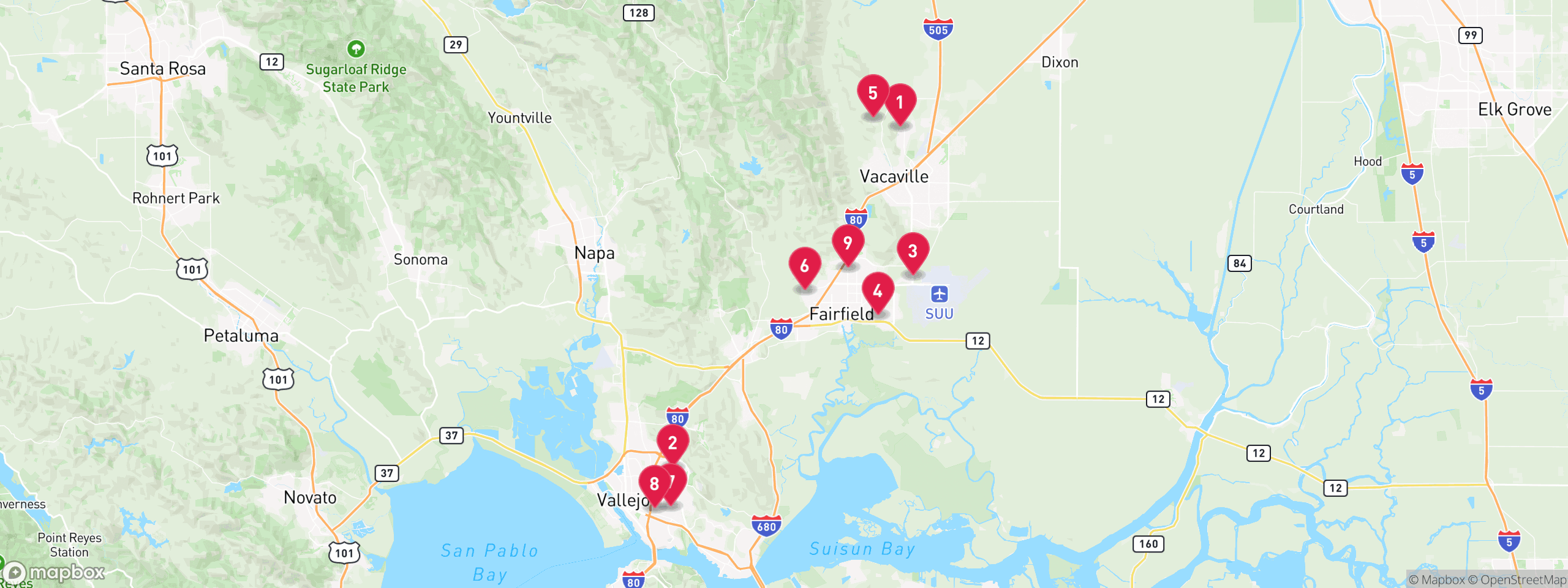 Map of 9 sample pre-foreclosure properties in Solano County, numbered to match the table