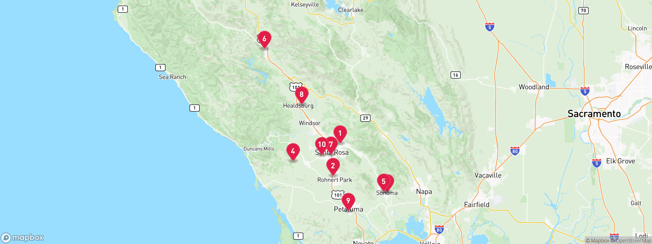 Map of 10 sample pre-foreclosure properties in Sonoma County, numbered to match the table