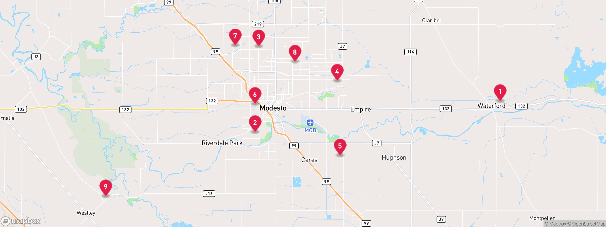Map of 9 sample pre-foreclosure properties in Stanislaus County, numbered to match the table