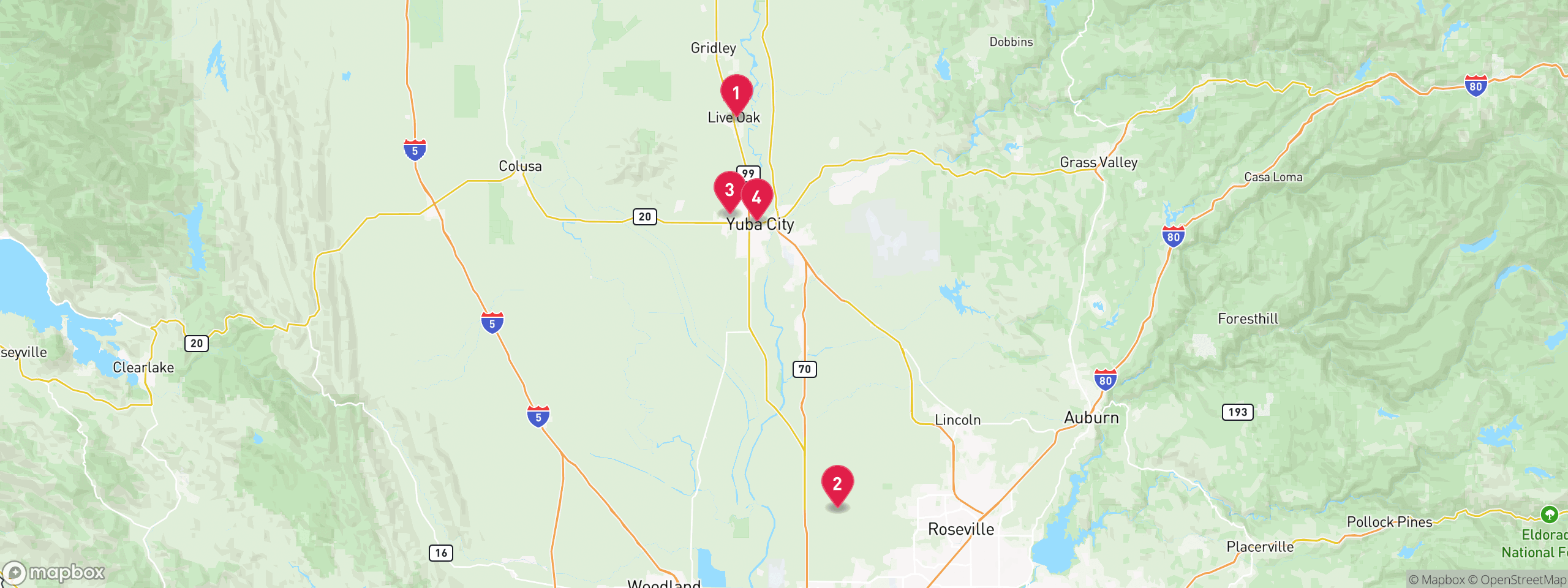 Map of 4 sample pre-foreclosure properties in Sutter County, numbered to match the table