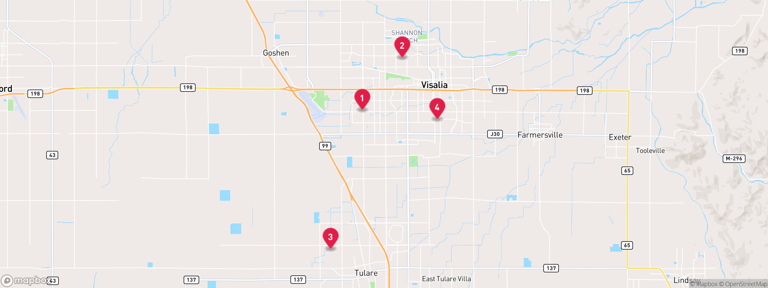 Map of 4 sample pre-foreclosure properties in Tulare County, numbered to match the table