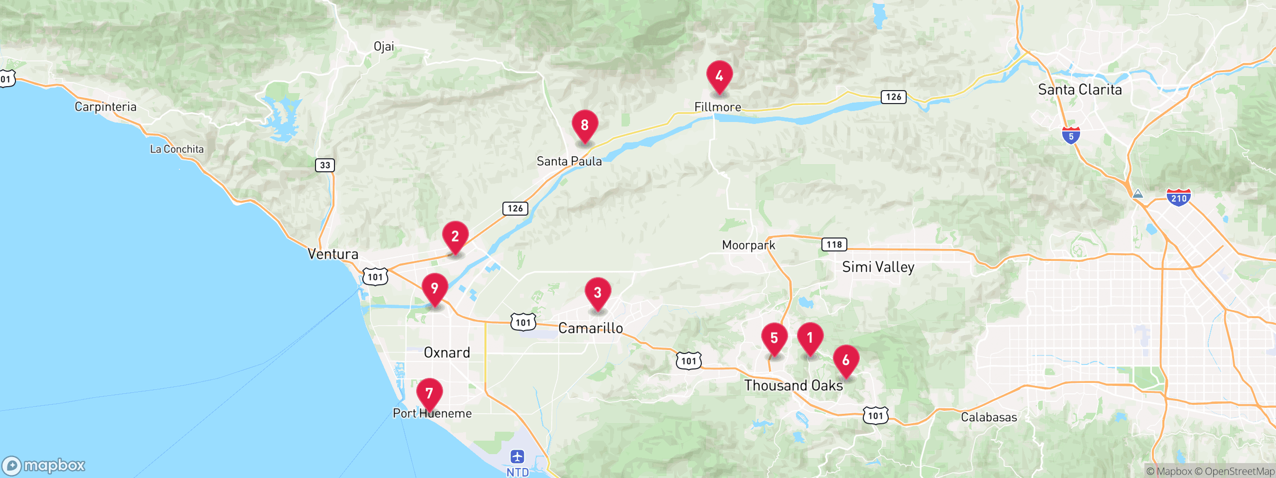 Map of 9 sample pre-foreclosure properties in Ventura County, numbered to match the table