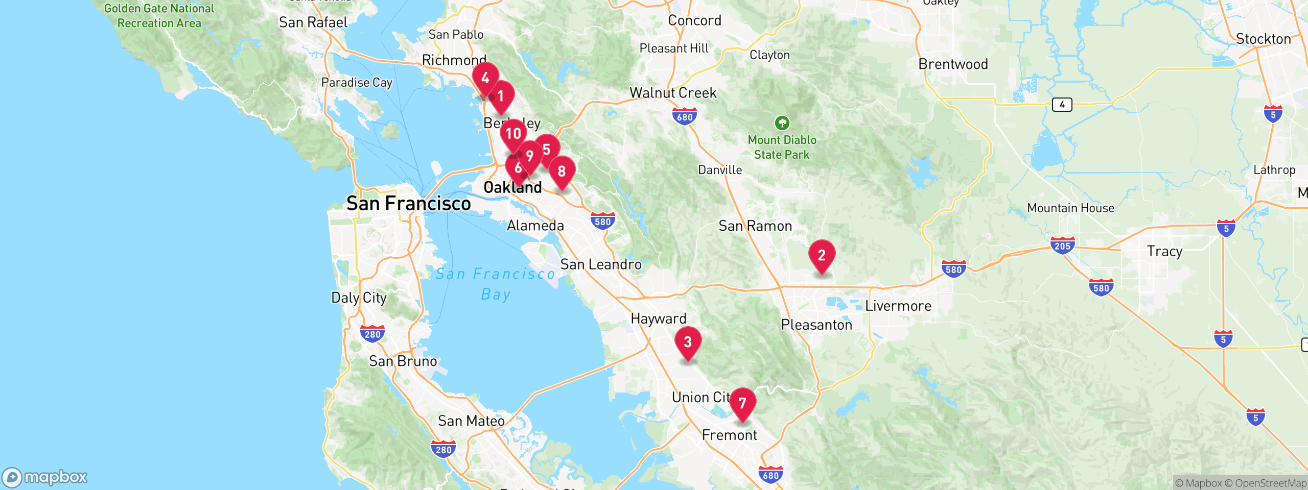 Map of 10 sample tax-delinquent properties in Alameda County, numbered to match the table
