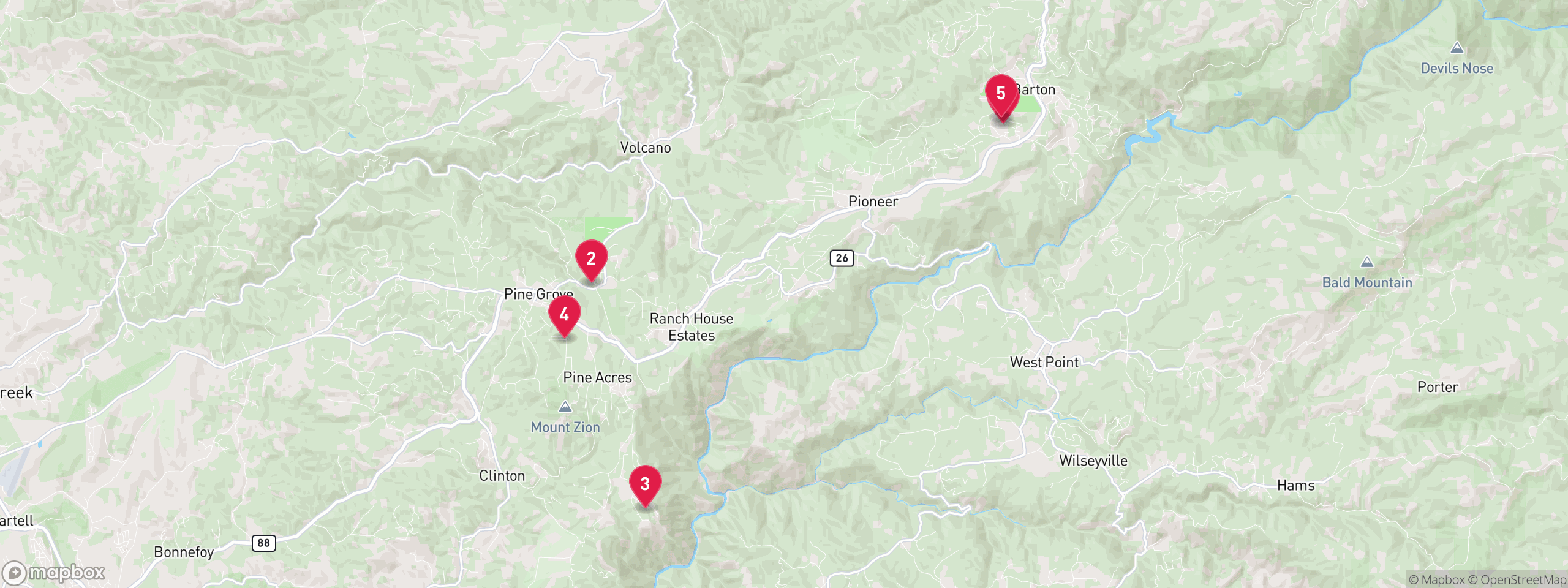 Map of 5 sample tax-delinquent properties in Amador County, numbered to match the table