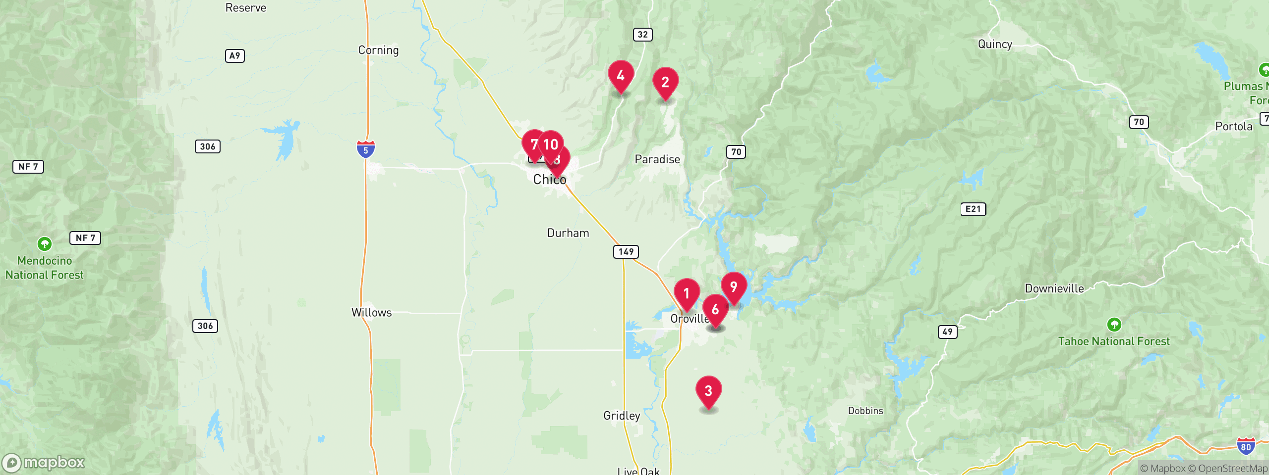 Map of 10 sample tax-delinquent properties in Butte County, numbered to match the table