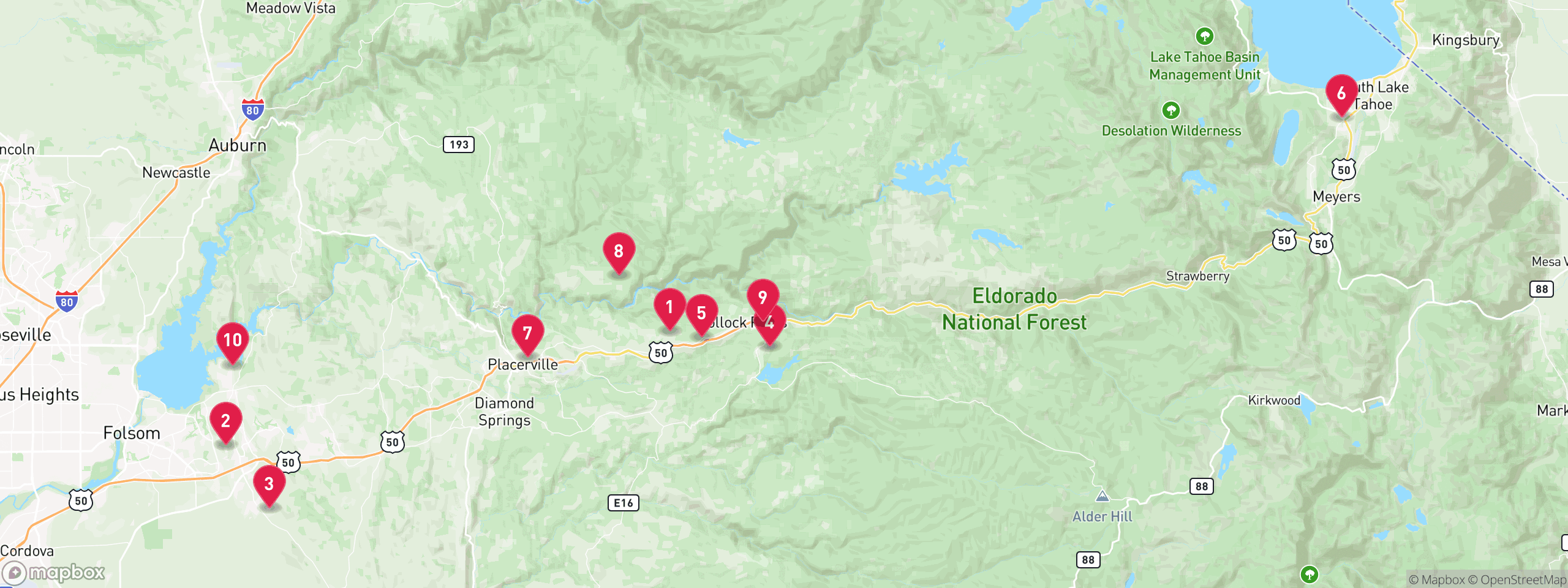 Map of 10 sample tax-delinquent properties in El Dorado County, numbered to match the table