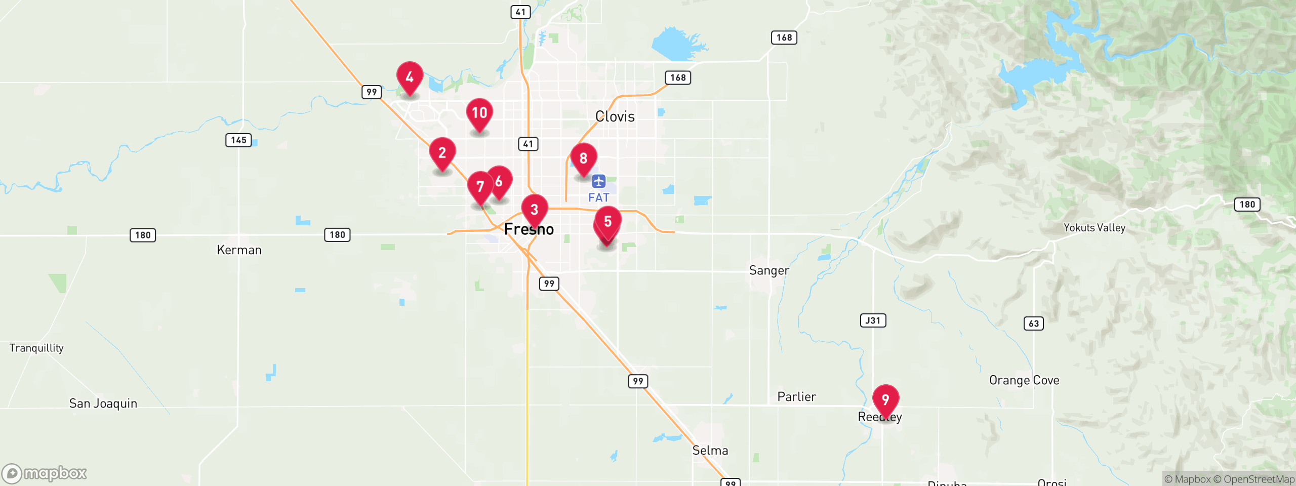Map of 10 sample tax-delinquent properties in Fresno County, numbered to match the table