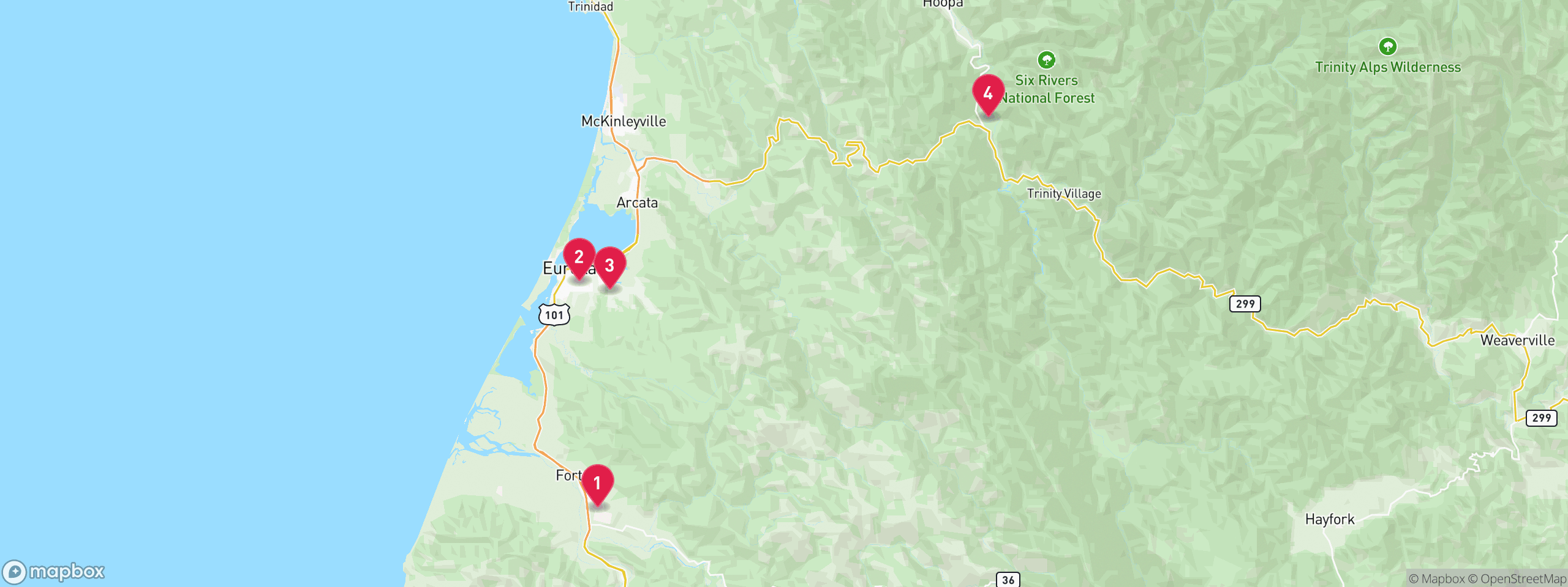 Map of 4 sample tax-delinquent properties in Humboldt County, numbered to match the table