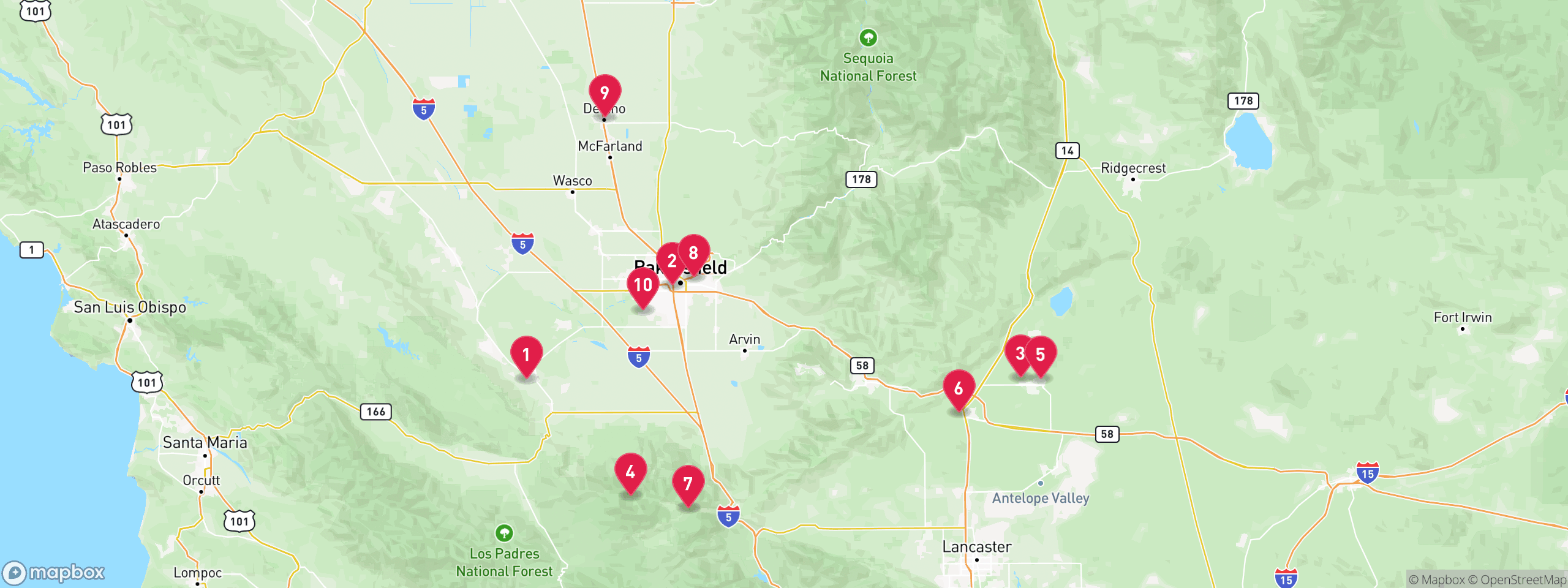 Map of 10 sample tax-delinquent properties in Kern County, numbered to match the table