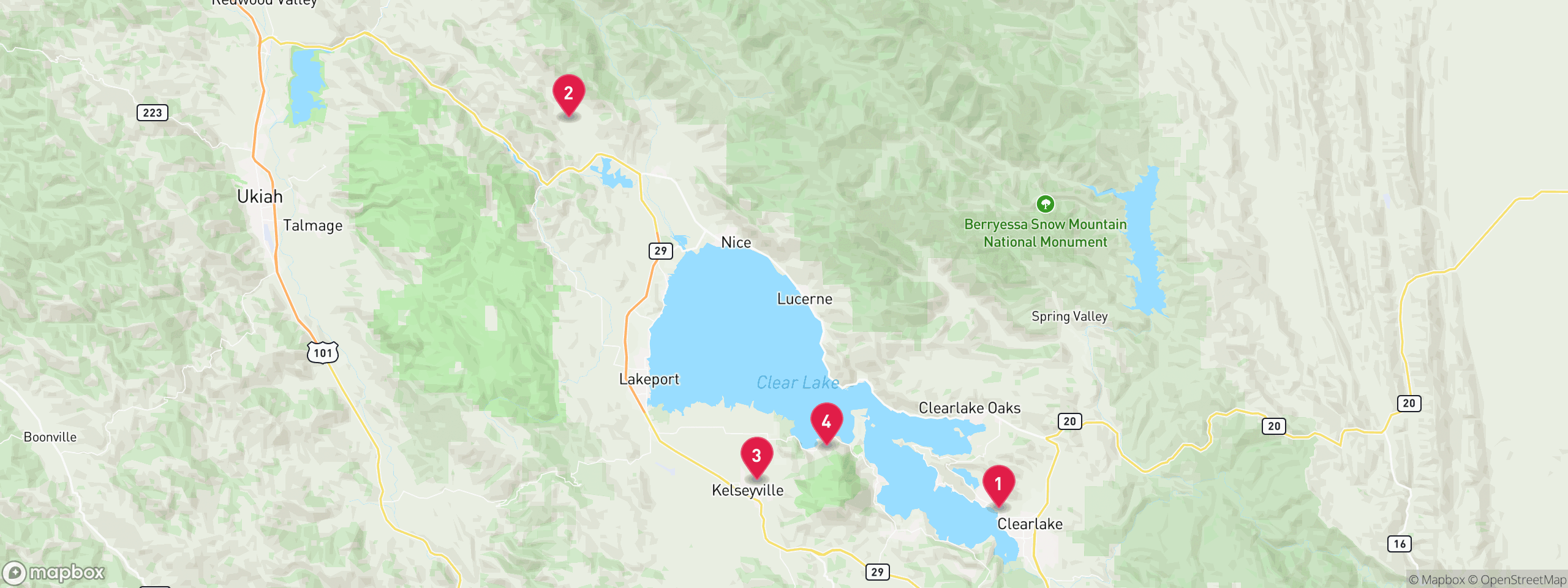 Map of 4 sample tax-delinquent properties in Lake County, numbered to match the table
