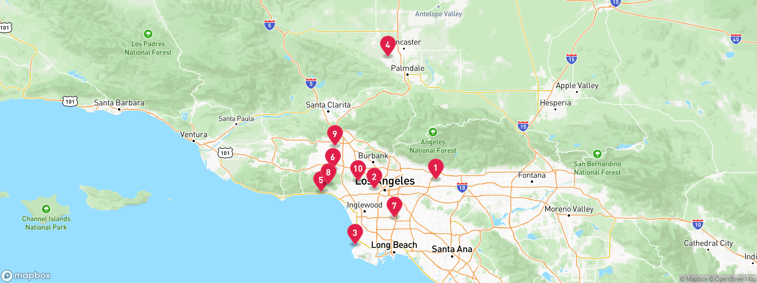 Map of 10 sample tax-delinquent properties in Los Angeles County, numbered to match the table