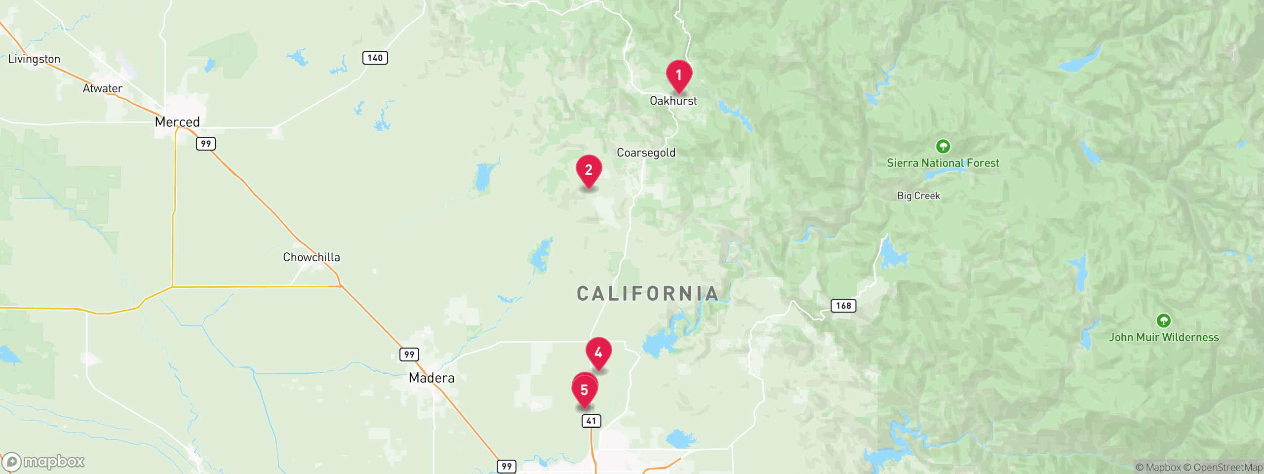 Map of 5 sample tax-delinquent properties in Madera County, numbered to match the table