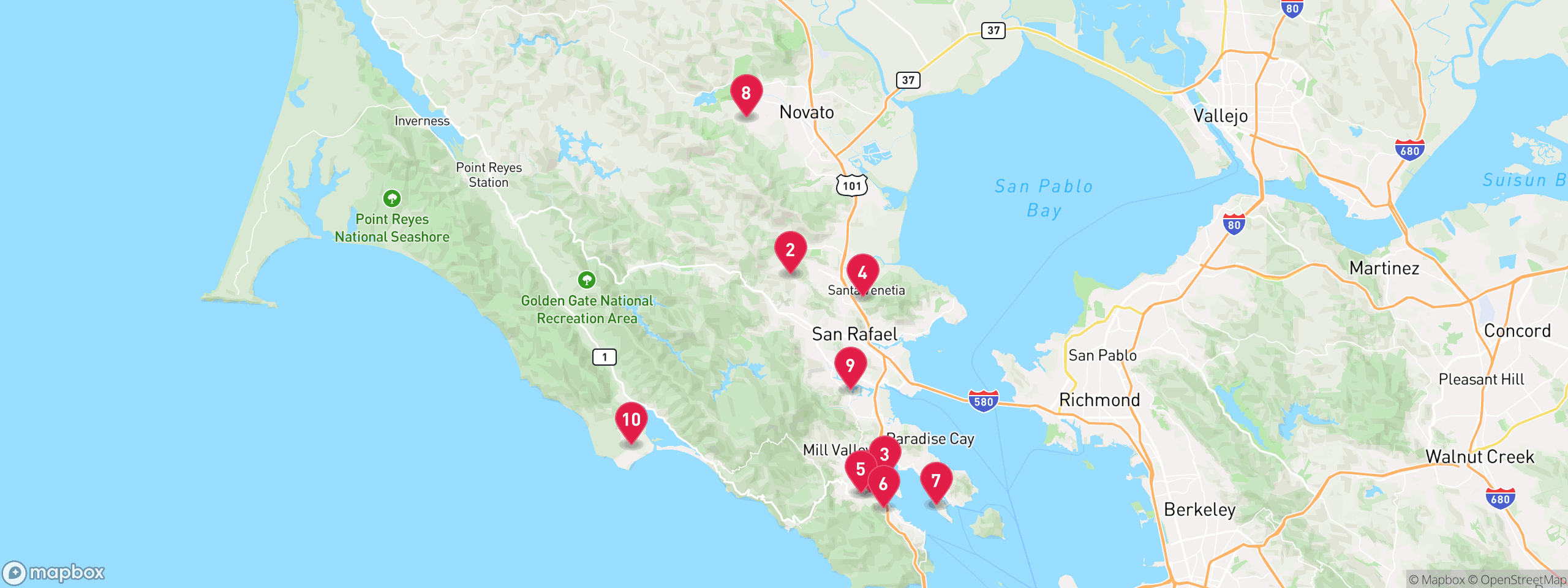 Map of 10 sample tax-delinquent properties in Marin County, numbered to match the table