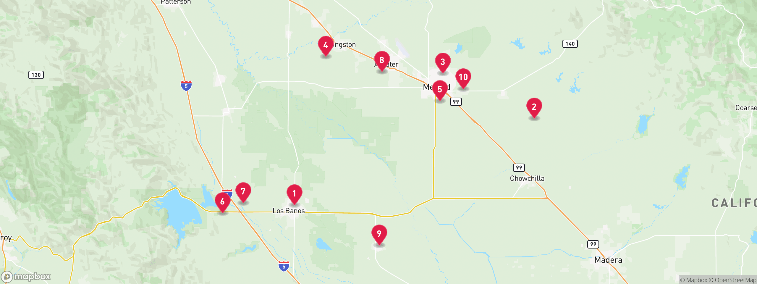 Map of 10 sample tax-delinquent properties in Merced County, numbered to match the table