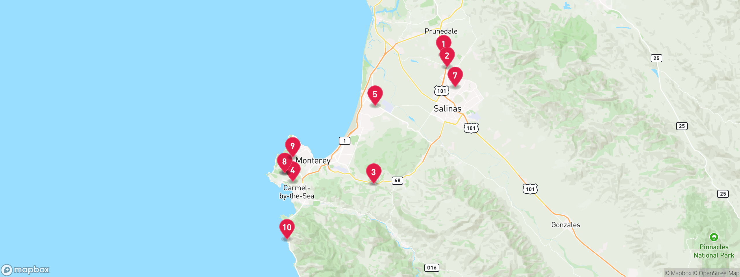 Map of 10 sample tax-delinquent properties in Monterey County, numbered to match the table