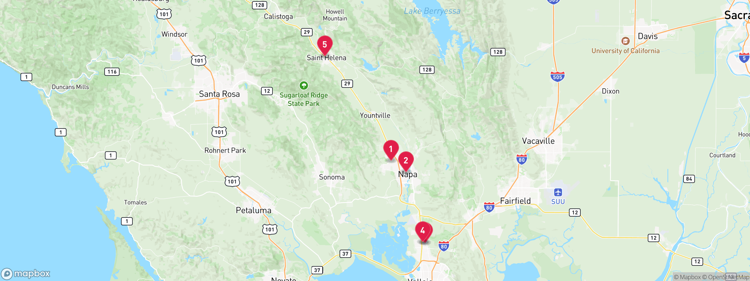 Map of 5 sample tax-delinquent properties in Napa County, numbered to match the table