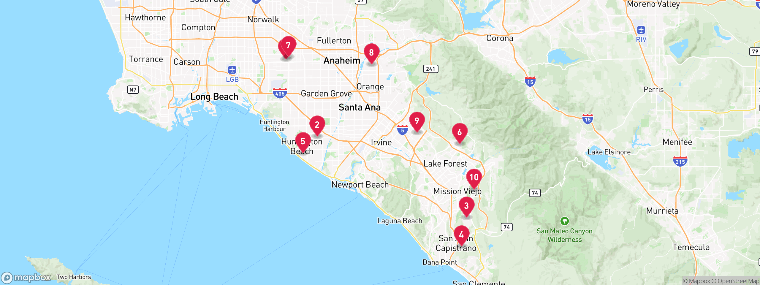 Map of 10 sample tax-delinquent properties in Orange County, numbered to match the table