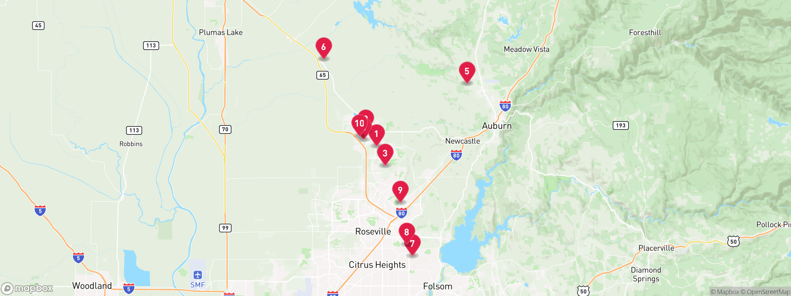 Map of 10 sample tax-delinquent properties in Placer County, numbered to match the table