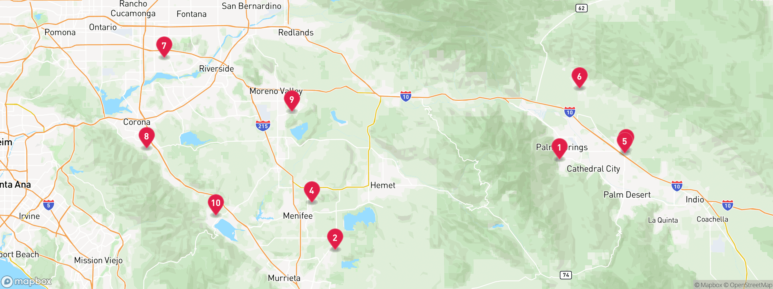 Map of 10 sample tax-delinquent properties in Riverside County, numbered to match the table