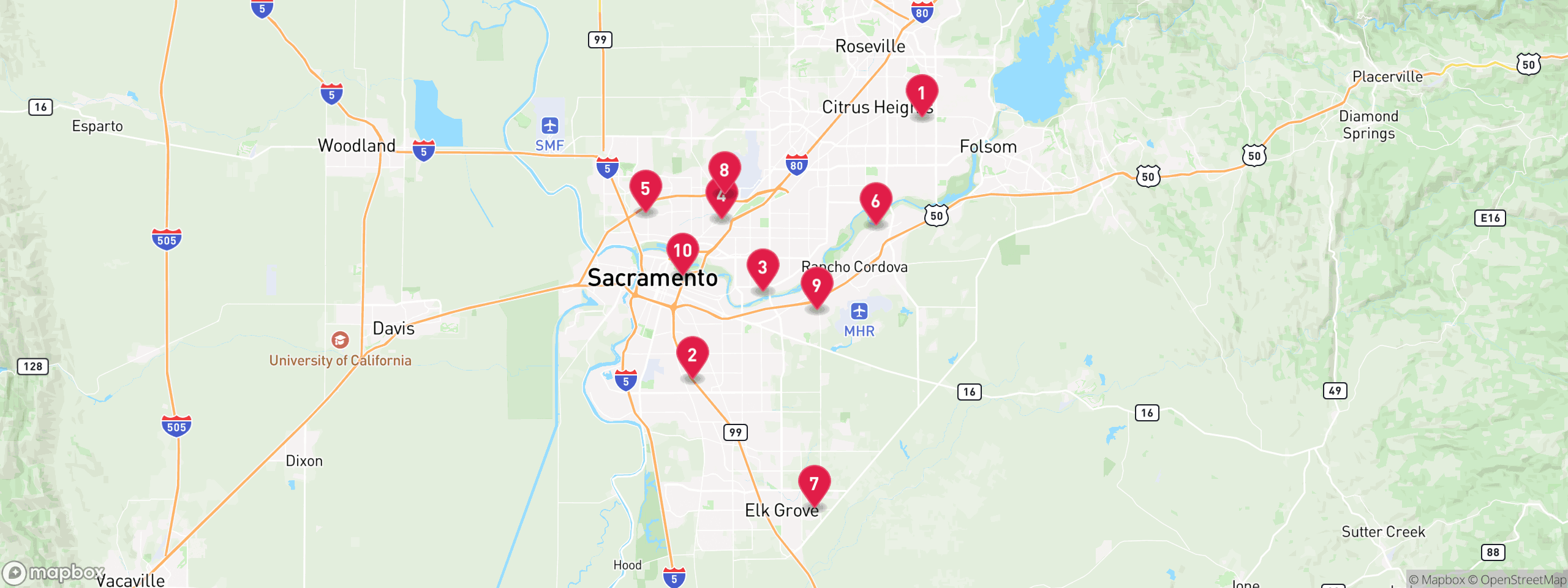 Map of 10 sample tax-delinquent properties in Sacramento County, numbered to match the table