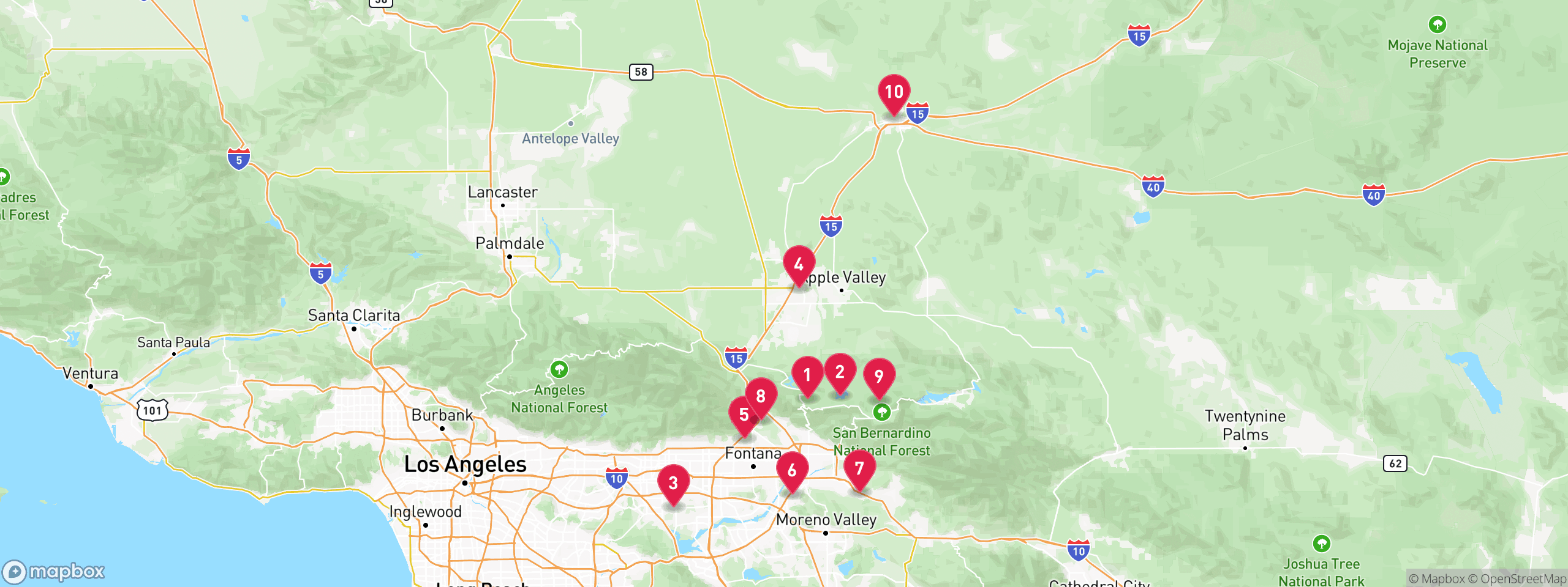 Map of 10 sample tax-delinquent properties in San Bernardino County, numbered to match the table