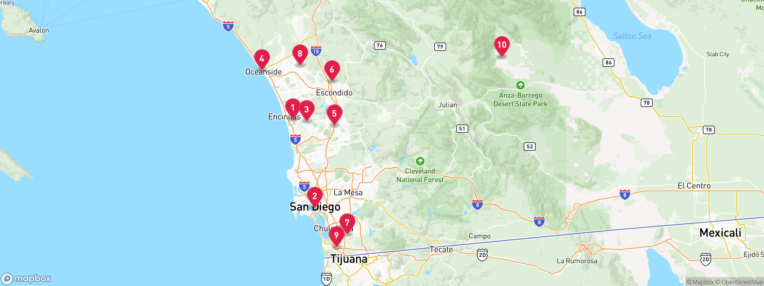 Map of 10 sample tax-delinquent properties in San Diego County, numbered to match the table