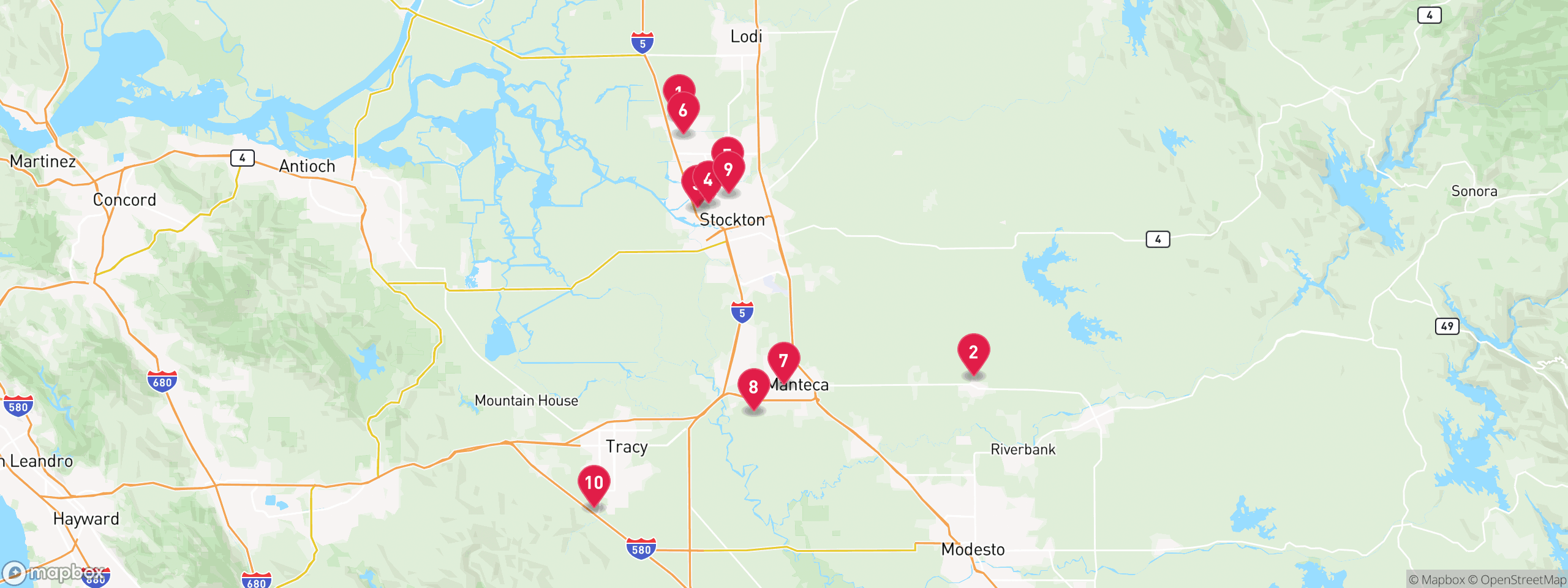Map of 10 sample tax-delinquent properties in San Joaquin County, numbered to match the table