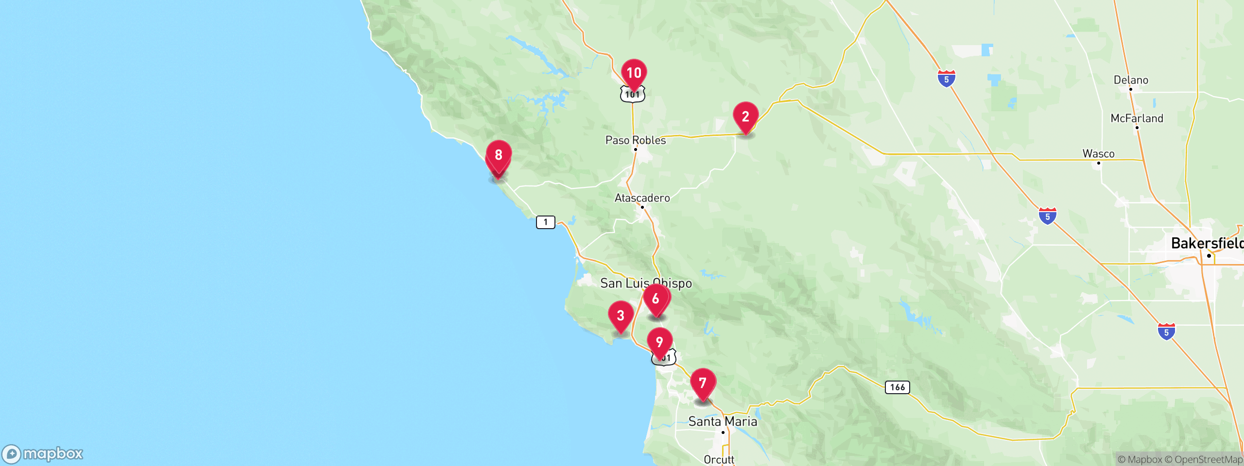 Map of 10 sample tax-delinquent properties in San Luis Obispo County, numbered to match the table