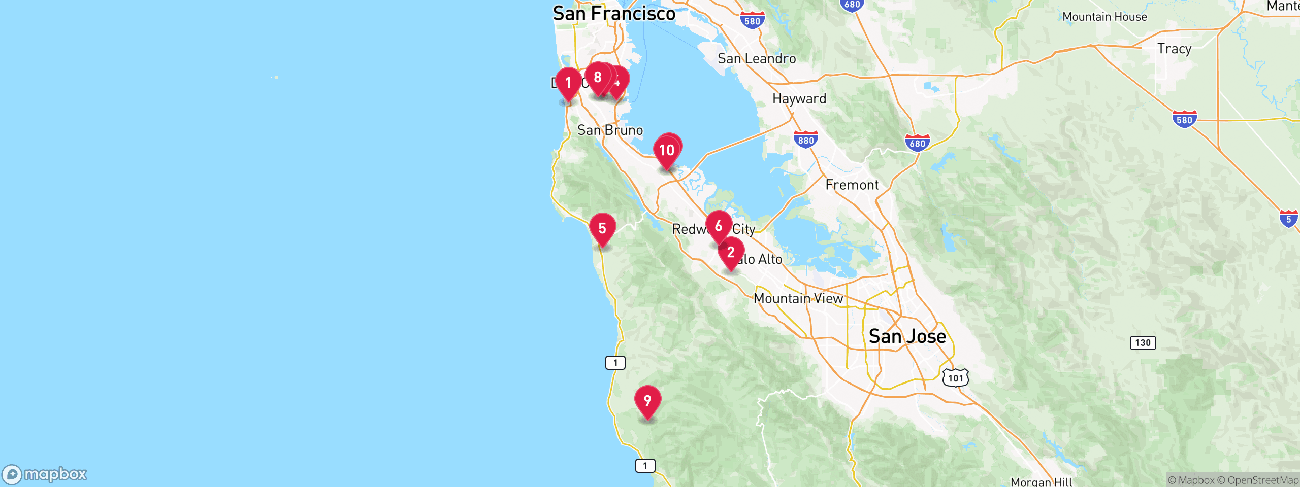 Map of 10 sample tax-delinquent properties in San Mateo County, numbered to match the table