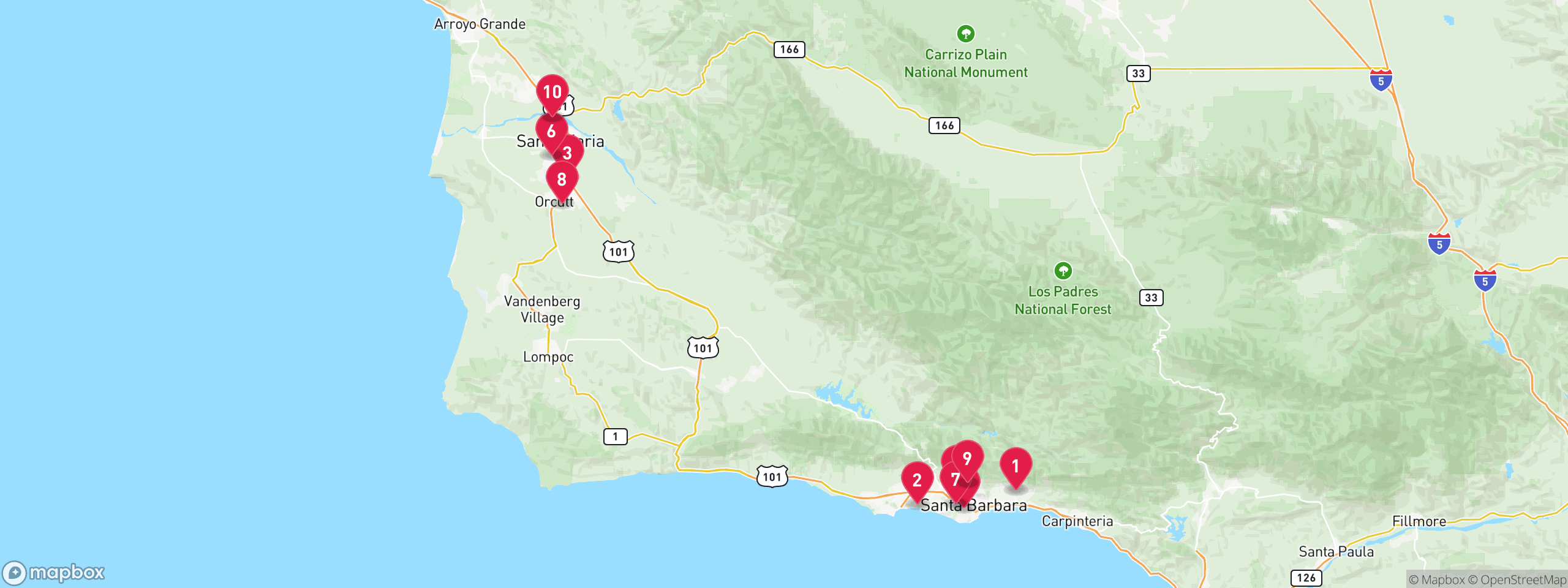 Map of 10 sample tax-delinquent properties in Santa Barbara County, numbered to match the table