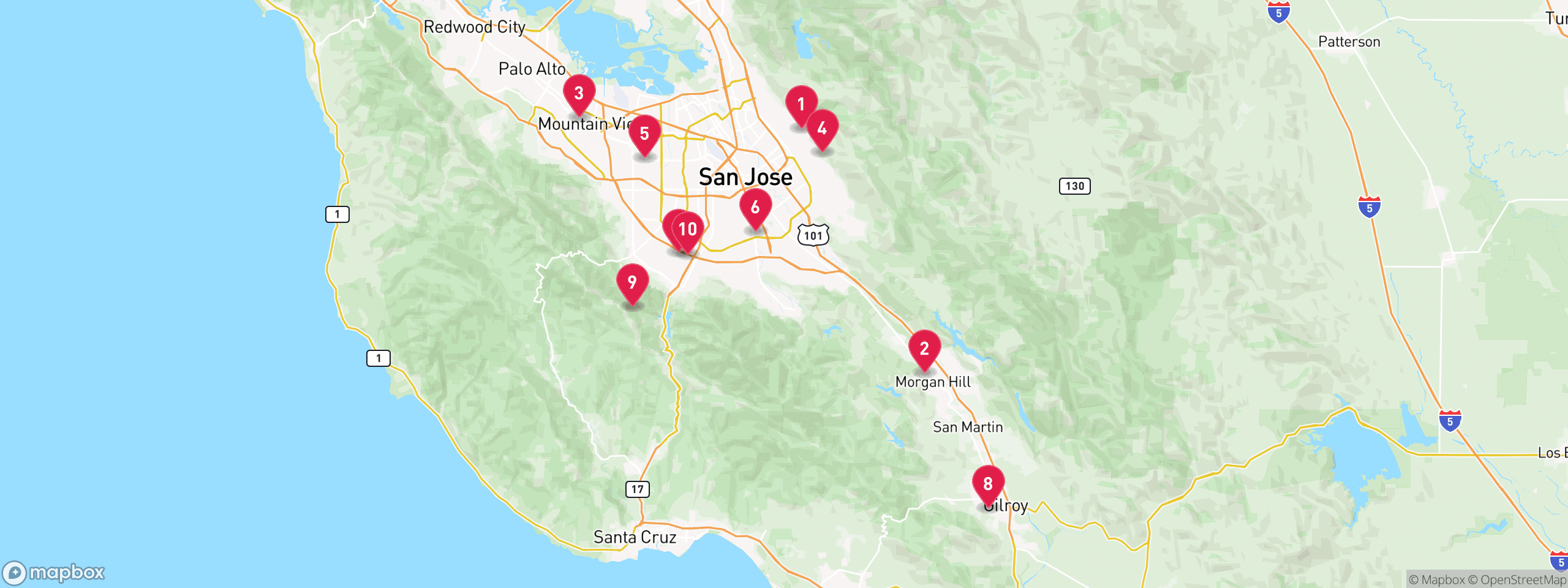 Map of 10 sample tax-delinquent properties in Santa Clara County, numbered to match the table
