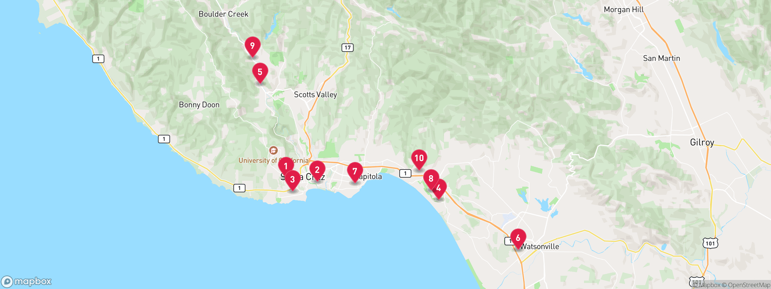 Map of 10 sample tax-delinquent properties in Santa Cruz County, numbered to match the table