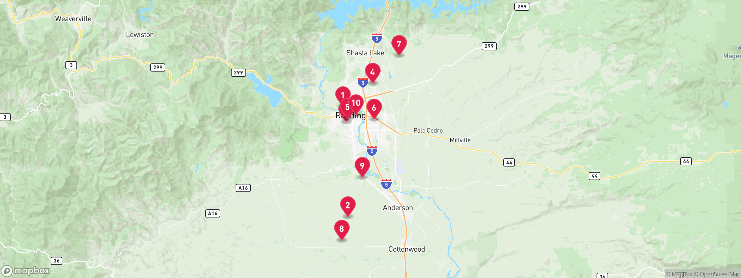 Map of 10 sample tax-delinquent properties in Shasta County, numbered to match the table