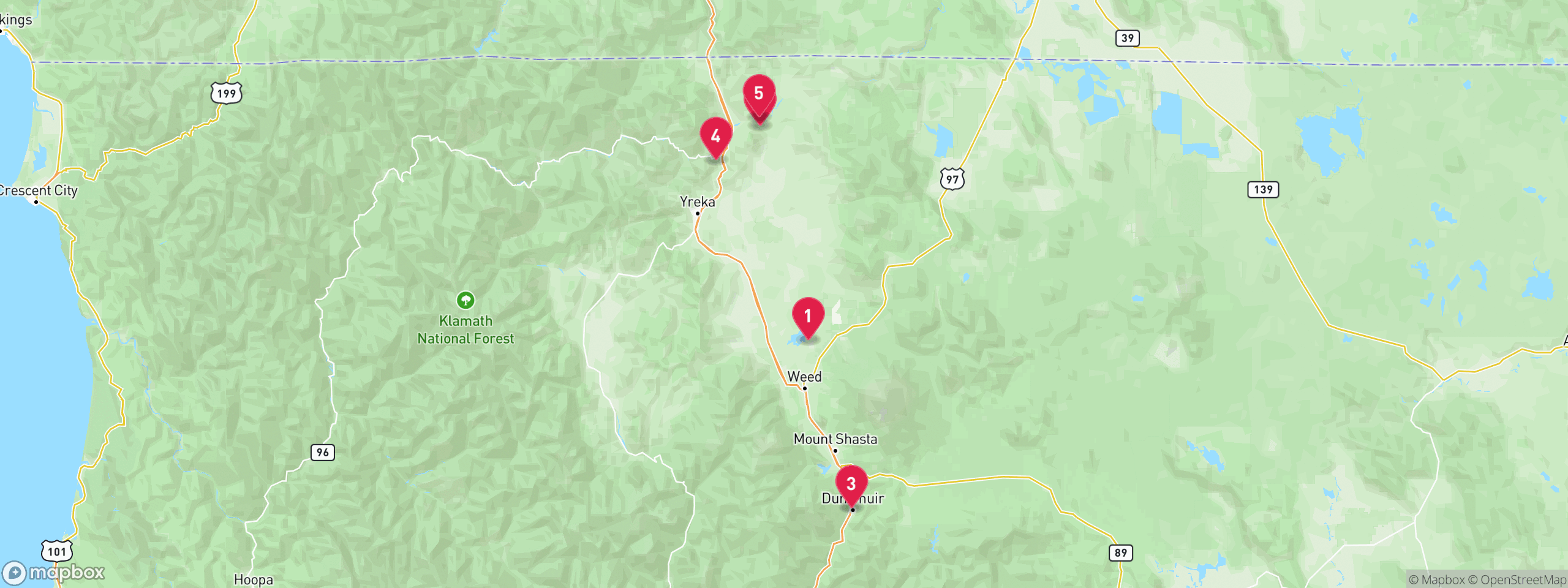 Map of 5 sample tax-delinquent properties in Siskiyou County, numbered to match the table