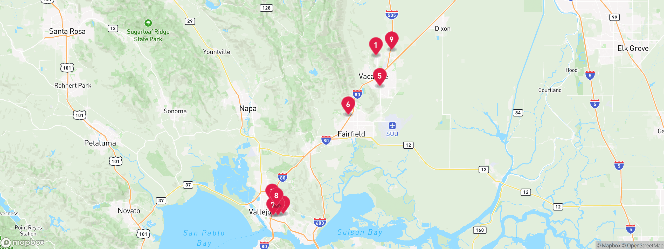 Map of 9 sample tax-delinquent properties in Solano County, numbered to match the table