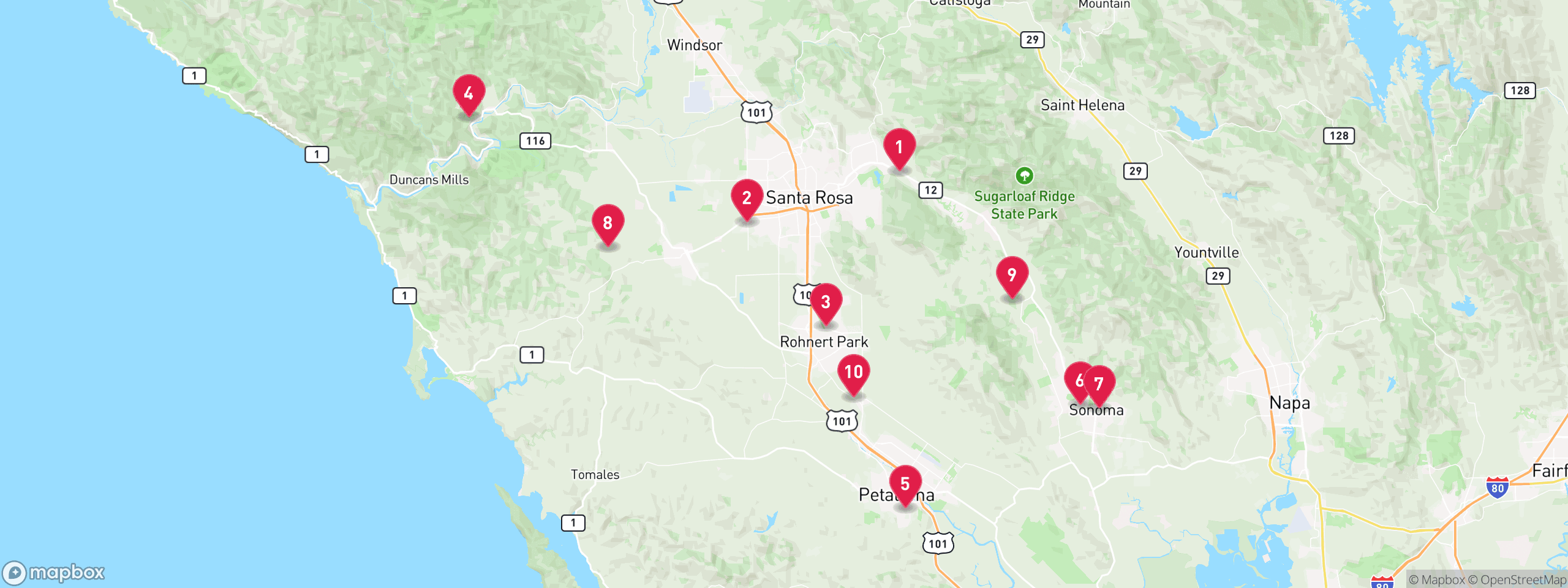 Map of 10 sample tax-delinquent properties in Sonoma County, numbered to match the table