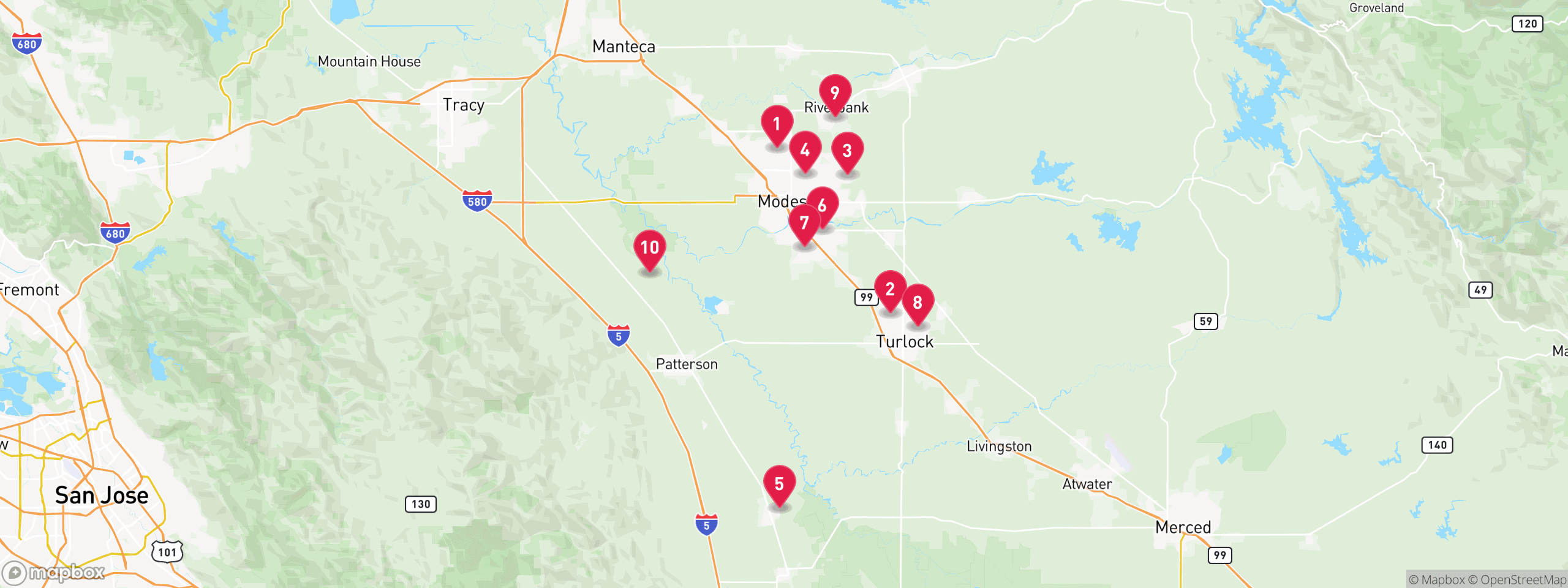 Map of 10 sample tax-delinquent properties in Stanislaus County, numbered to match the table