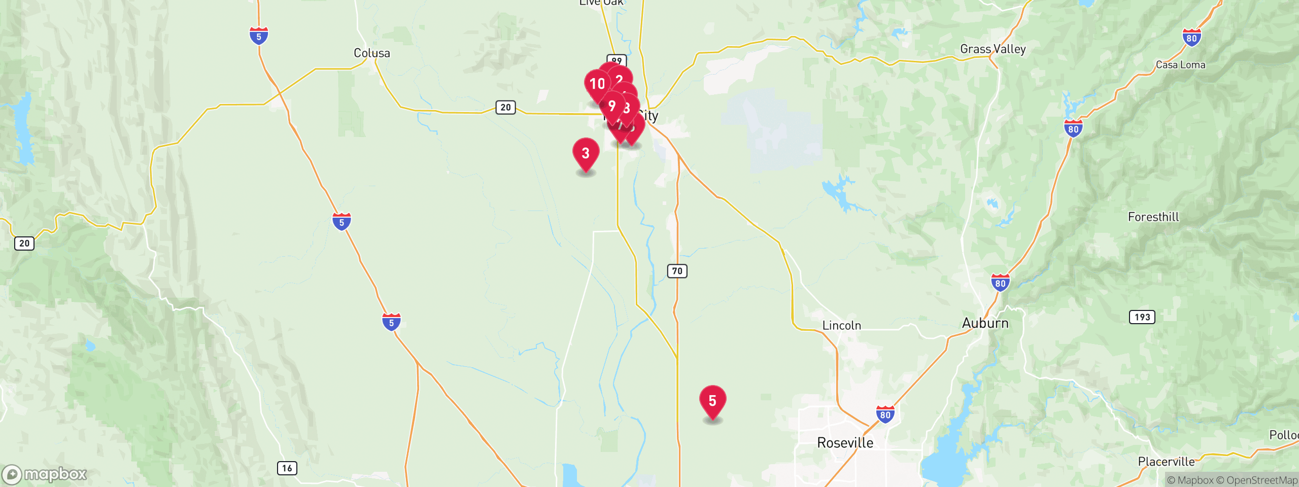 Map of 10 sample tax-delinquent properties in Sutter County, numbered to match the table