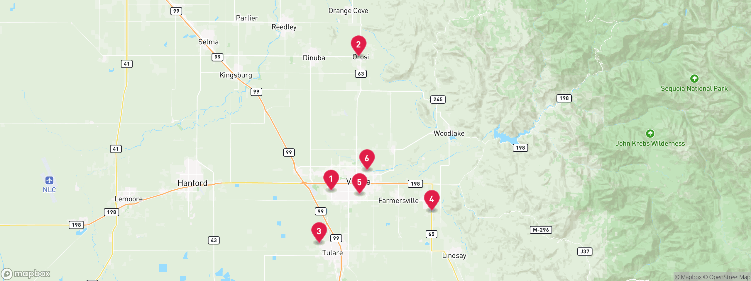 Map of 6 sample tax-delinquent properties in Tulare County, numbered to match the table