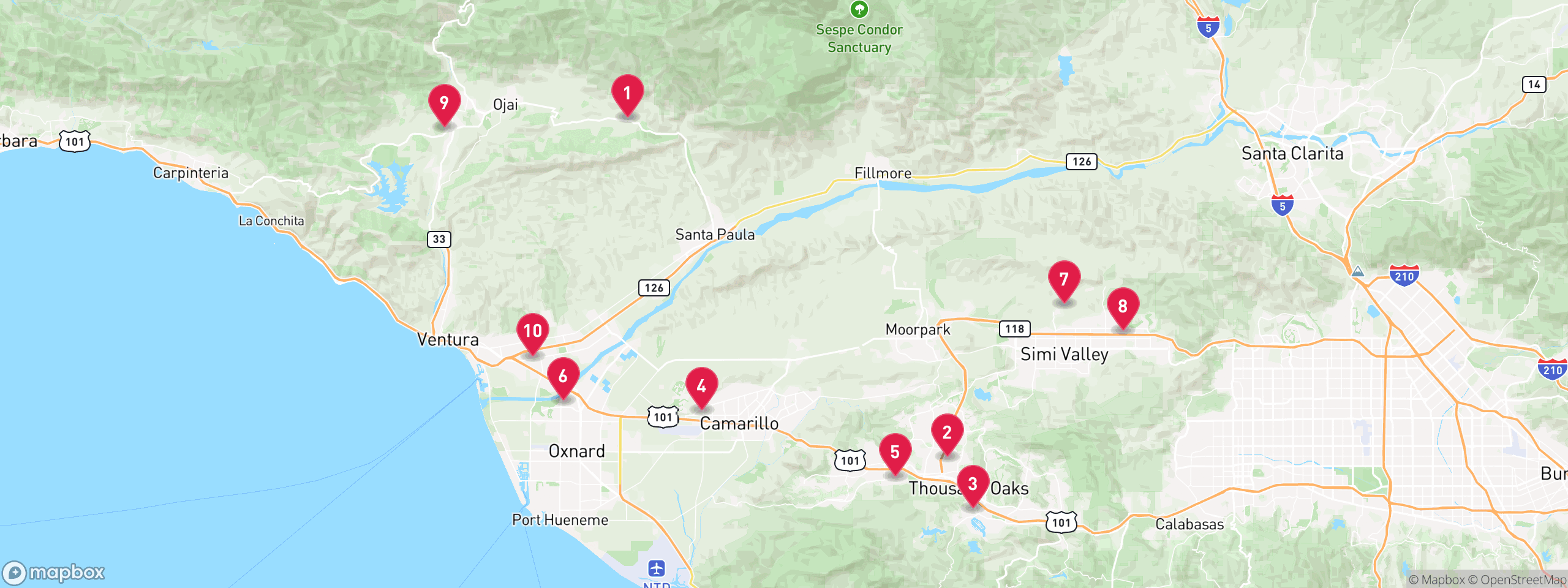 Map of 10 sample tax-delinquent properties in Ventura County, numbered to match the table