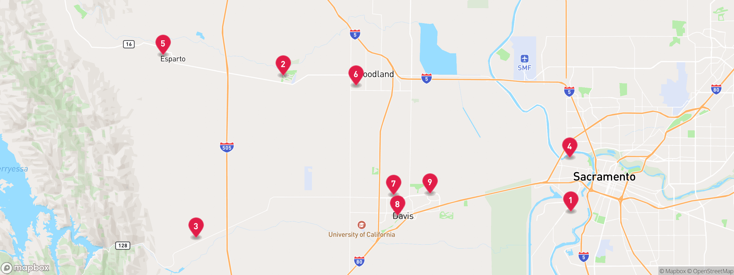 Map of 9 sample tax-delinquent properties in Yolo County, numbered to match the table