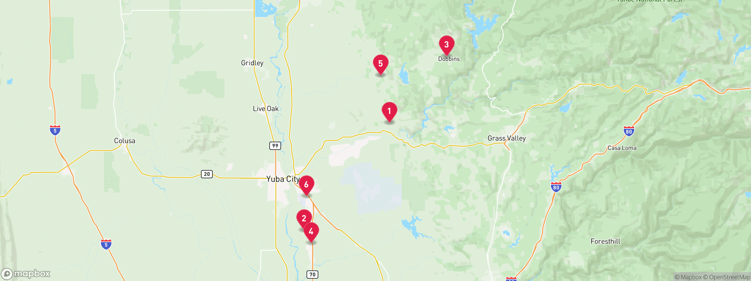 Map of 6 sample tax-delinquent properties in Yuba County, numbered to match the table